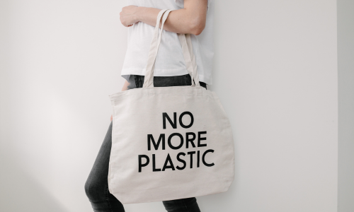 Image of woman holding reusable shopping bag